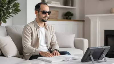 User with vision impairment using assistive technology