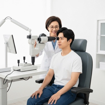User in a bright environment undergoing an eye examination