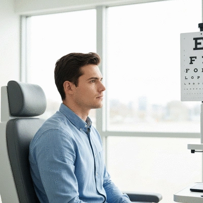 User examining an eye chart in an eye clinic