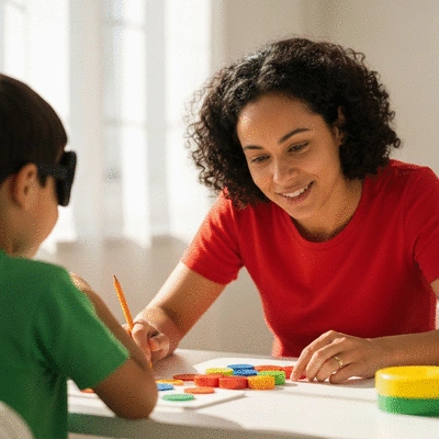 User assisting a visually impaired child with educational tools