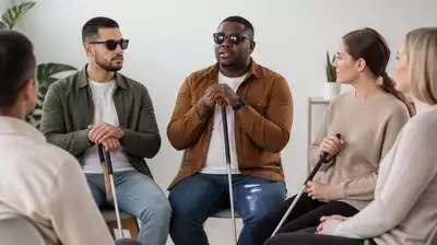 Group of visually impaired individuals participating in a support group