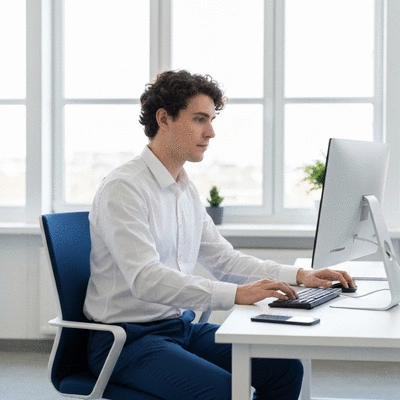 User using assistive technology in an office setting